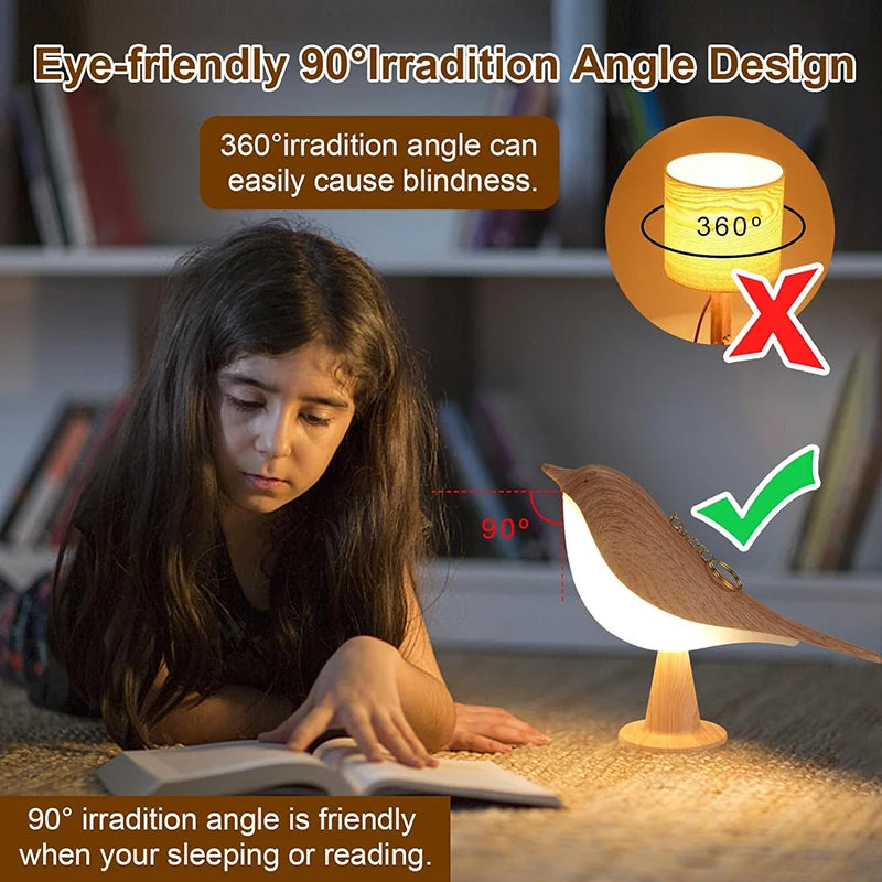 Bird LED Night Light with Touch Control – Rechargeable Wooden Bedside Lamp for Bedroom Décor, 3-Color Ambient Desk Light