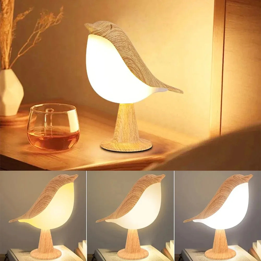 Bird LED Night Light with Touch Control – Rechargeable Wooden Bedside Lamp for Bedroom Décor, 3-Color Ambient Desk Light