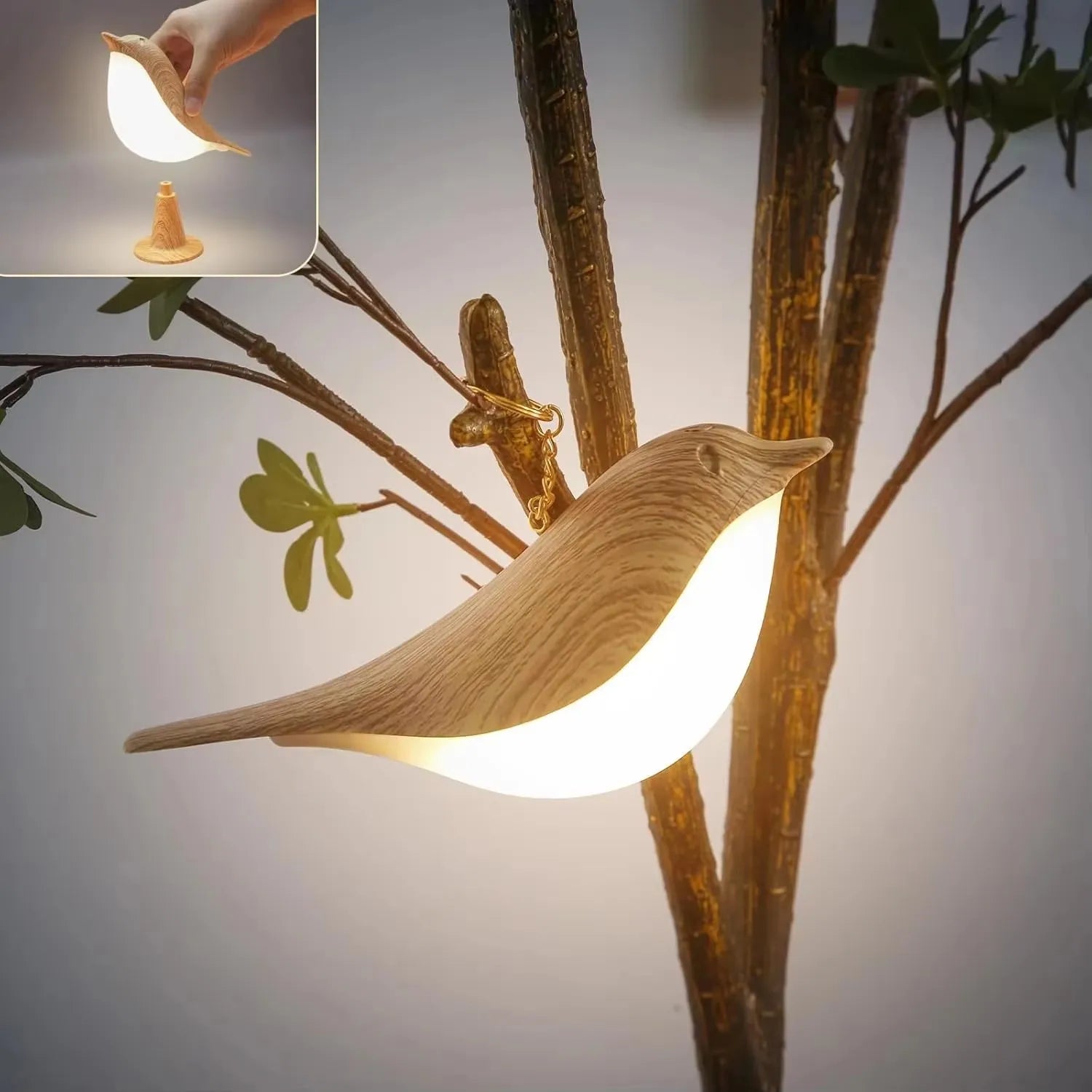 Bird LED Night Light with Touch Control – Rechargeable Wooden Bedside Lamp for Bedroom Décor, 3-Color Ambient Desk Light
