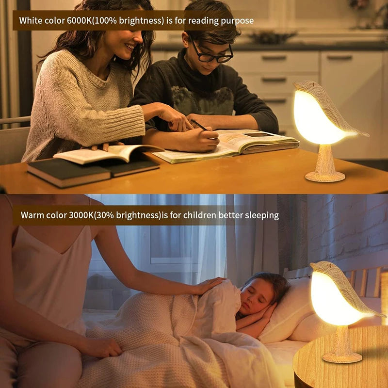 Bird LED Night Light with Touch Control – Rechargeable Wooden Bedside Lamp for Bedroom Décor, 3-Color Ambient Desk Light