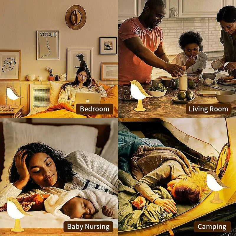 Bird LED Night Light with Touch Control – Rechargeable Wooden Bedside Lamp for Bedroom Décor, 3-Color Ambient Desk Light